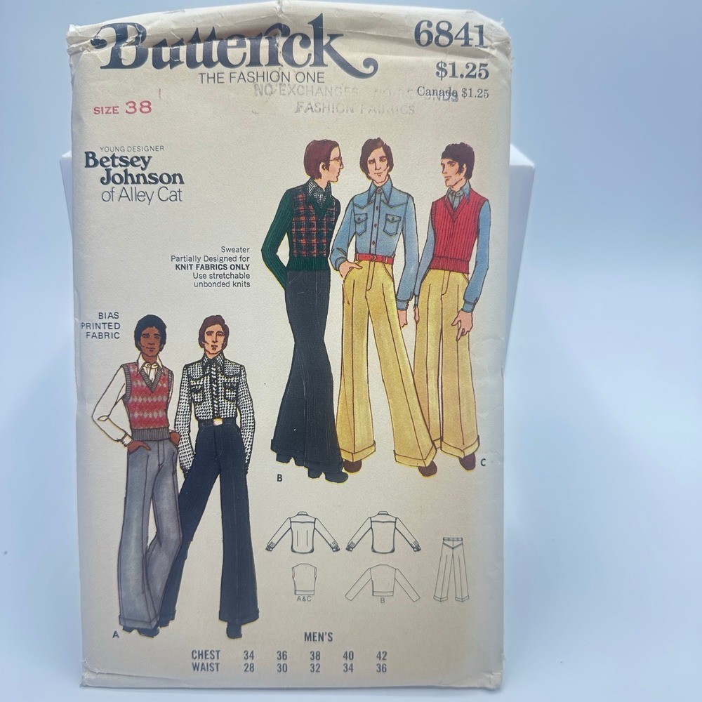 Butterick Sewing Pattern 6841 Mens Size 38 Betsey Johnson Alley Cat Vintage 70s